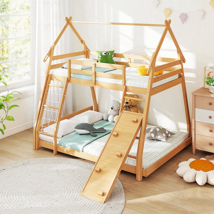 Taoset Bunk Bed Twin Over Full, Wood Loft House Bunk Bed with Climbing Nets and Climbing Ramp, Guardrail, 82.6'' Hight Kids Bed Frame