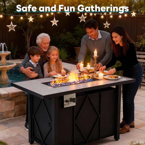 43 Inch Outdoor Propane Fire Pit Table, 50,000 BTU Rectangular Gas Fire Table with Diamond Steel Frame & Stone-Look Tabletop, Propane Fire Table for Patio Backyard, Tank Storage Space