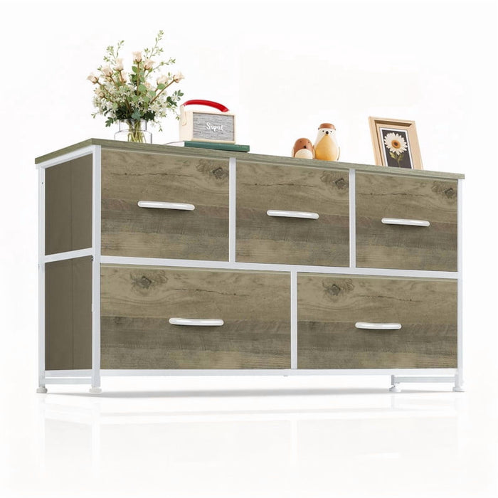 Simenmax 5 Dresser for Bedroom, 5 Storage Drawers, Wide Fabric Closet Chests Organizer Tower Furniture with Wooden Top Metal Frame for Clothes, Room, Living Room, Hallway, Entryway, Oak Greige