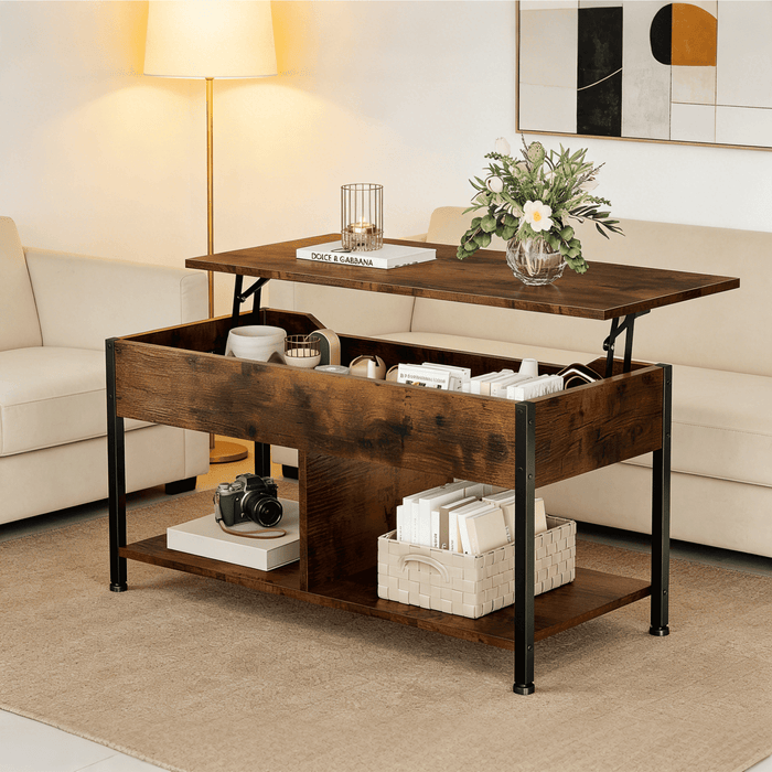 Taoset Coffee Table, Lift Top Living Room Coffee Table, Dining Center Tables with Storage Shelf and Hidden Compartment, Brown