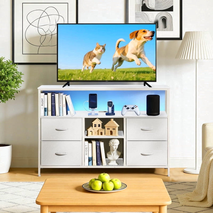 Nextay Smart LED TV Stand with Charging Station & 4 Drawers ¨C Fits 50 Inch TV, Adjustable Feet, Modern Media Console for Living Room & Bedroom, White