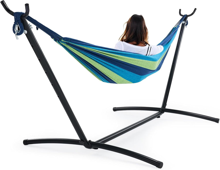 Blorly Double Hammock with Stand, 450 LBS Heavy Duty Hammock with Bag, Saving Steel Stand for Outside Garden Yard, Blue