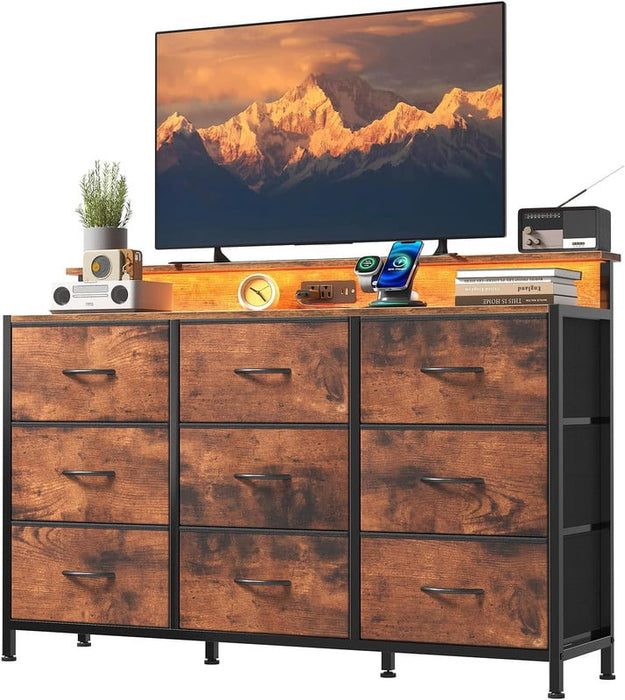 Simenmax TV Stand with 9 Fabric Drawers, Entertainment Center with LED Lights & Charging Station, Media Console for 45-55 inch TV, Brown
