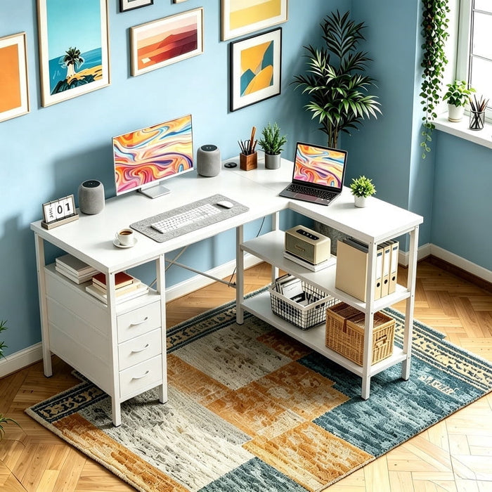 Betcozy 47" L-Shaped Corner Desk with Charging Station, Wide Desktop for Dual Monitors, Storage Shelves & Drawers for Gaming Bedroom, White