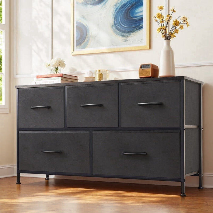 Ethovia 5-Drawer Fabric Storage Dresser, Sturdy Steel Frame with Wooden Tabletop, Wide Foldable Bins, Perfect for Bedroom, Hallway, and Entryway, Black