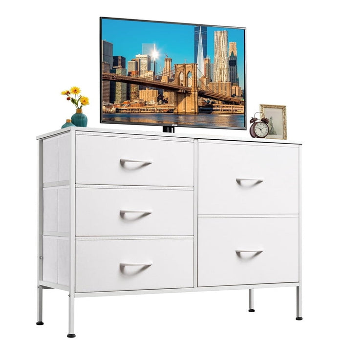 Simenmax 5-Drawer Fabric TV Stand, 39.4-Inch Entertainment Center with Wood Top & Sturdy Metal Frame, Storage Dresser for Bedroom, Living Room, Hallway, White