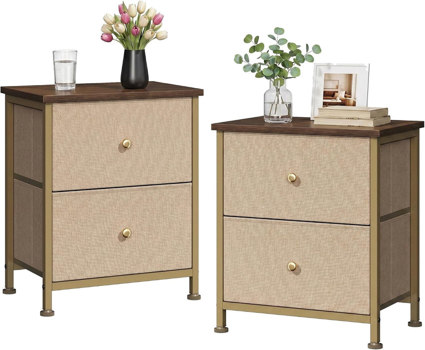 Simenmax Nightstand Set of 2 with 2-Drawer Nightstand, 20" Small Bedside Table with Fabric Storage Bins, Space-Saving End Table for Bedroom, Dorm, Closet, Khaki