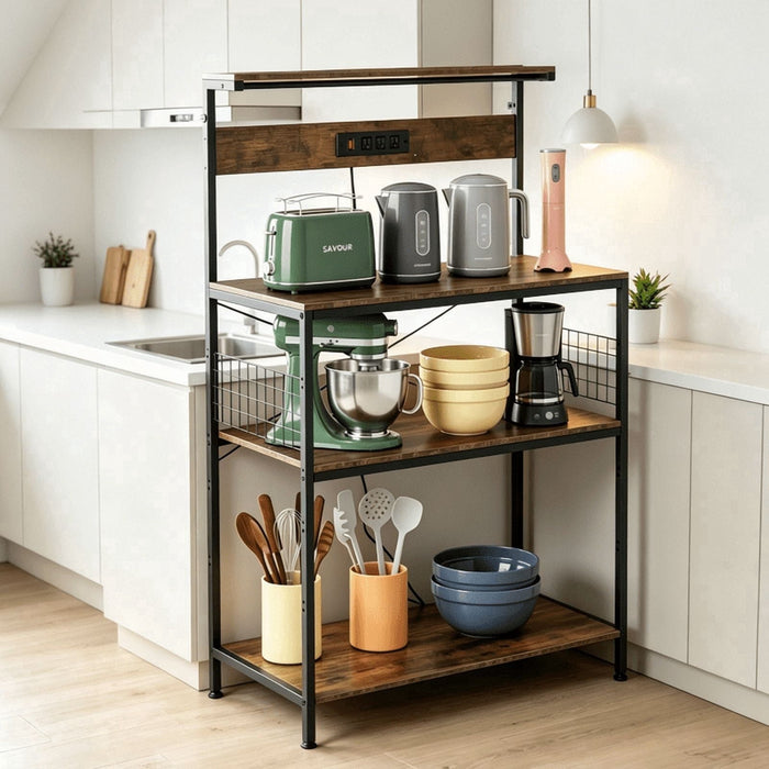 Taoset Baker's Rack with Power Outlet, 31.5" 4-Tier Kitchen Storage Shelf with Waterproof Desktop, Microwave Stand with Wire Basket & 6 Hooks, Wide Coffee Bar Station, Rustic Brown