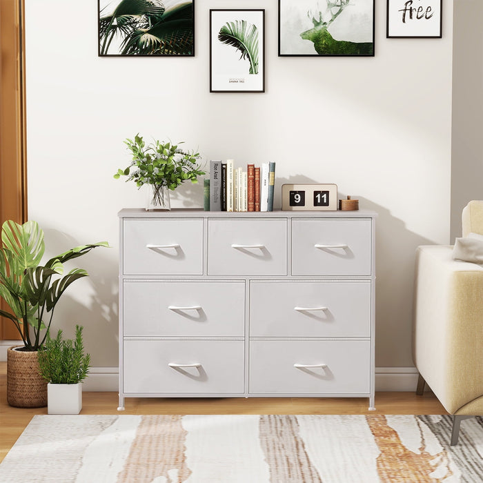 TINKLE WELL Dresser with 7 Drawers, Storage Organizer Units Drawers, TV Stand Fabric Storage Tower, Fabric Bins, Wood Top and Steel Frame, White