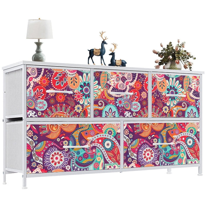 Nextay 5-Drawer Dresser, Wide Fabric Chest of Drawers, Nightstand Storage Tower with Wood Top for Bedroom Living Room,Purple