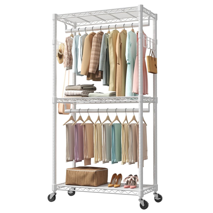 Taoset Heavy Duty Wire Garment Rack with Wheels, 35.4" Wide 3-Tier Rolling Clothes Rack with Dual Hanging Rods, Adjustable Metal Wardrobe Storage Organizer for Hanging Clothes, Shoes, Laundry Room, White