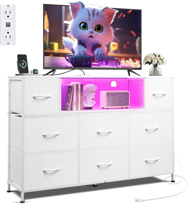 Simenmax LED TV Stand for 45-55 Inch TV, Entertainment Center with 8 Fabric Drawers & Open Shelves, Charging Station with 2 USB & 2 AC Outlets, White