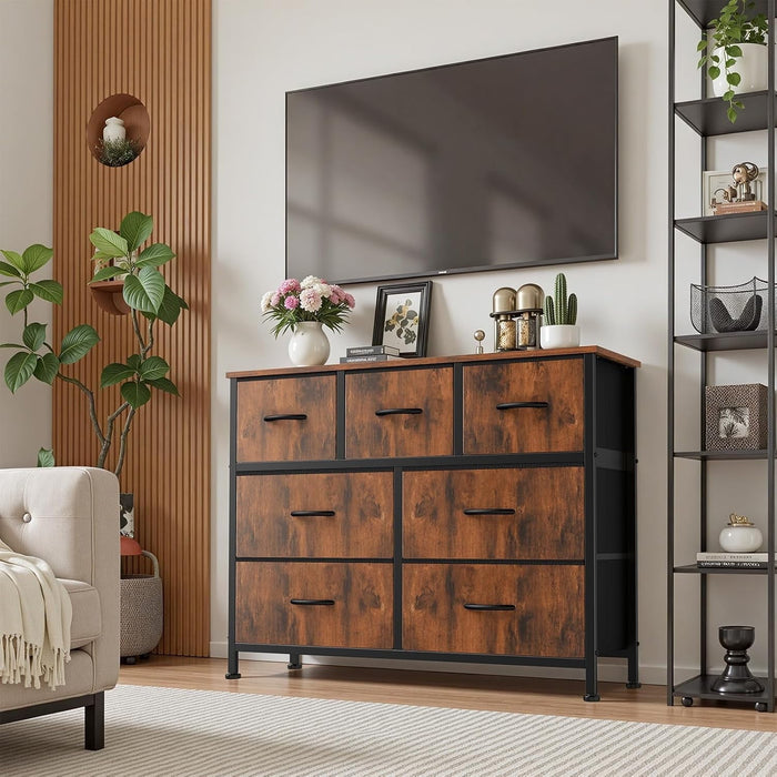 Betcozy 7-Drawer Fabric Dresser, Horizontal TV Stand & Main Bedroom Clothes Storage Unit, Metal Frame with Wooden Top, Rust