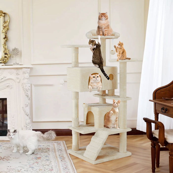 Taoset Cat Tree, 54-Inch Cat Tower with Sisal Scratching Post, Multi-Level Plush Cat Tree with Climbing Ladder, Beige
