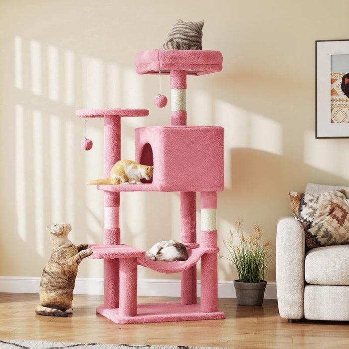Simenmax 44" Pink Cat Tree Tower, Multi-Level Cat Climbing Tower with Hammock & Condo for Indoor Cats