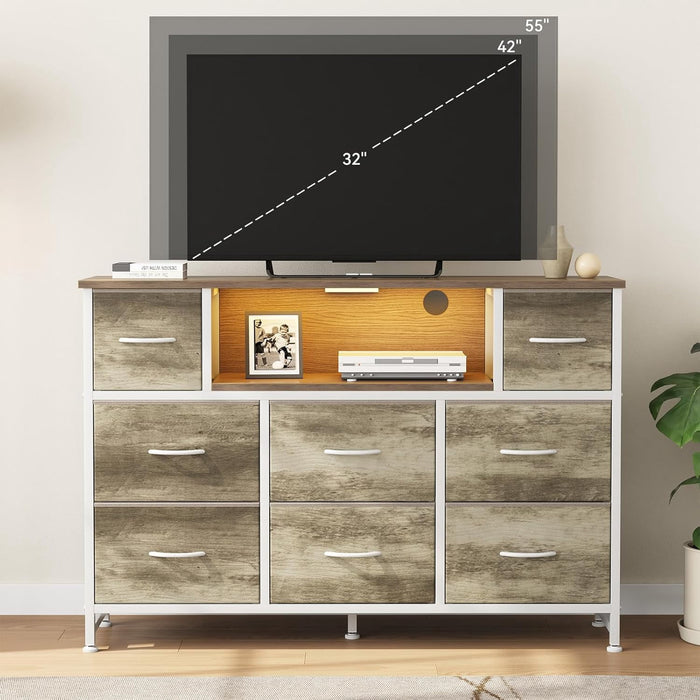 Blorly 8-Drawer TV Stand with LED Lights, Entertainment Center with Open Storage Shelf, Up for 50/55 inch TV, Media Console with Charging Station for Bedroom & Living Room, Smoky Ash