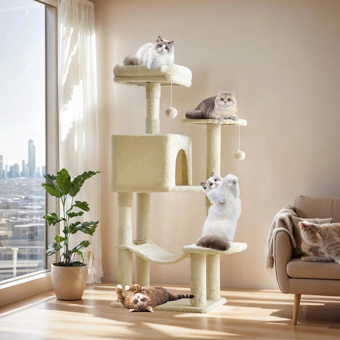Nextay 44â€?Beige Cat Tree Tower for Indoor Cats, Multi-Level Climbing Activity Center with Hammock, Scratching Posts & Cozy Condo