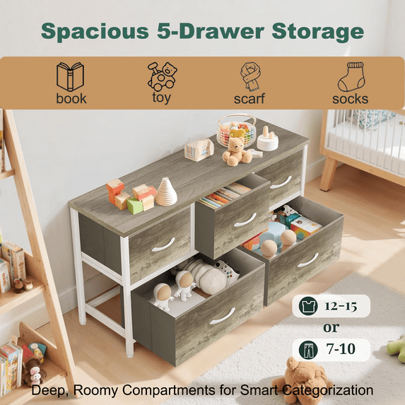Aidoly 5-Drawer Dresser with Wooden Top, Adjustable Feet, Sturdy Metal Frame Dressers for Bedroom, Living Room