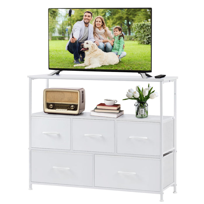Taoset 5-Drawer Fabric Storage Organizer with Wood Top - Multifunctional Dresser for Bedroom, Living Room, Dorm,White