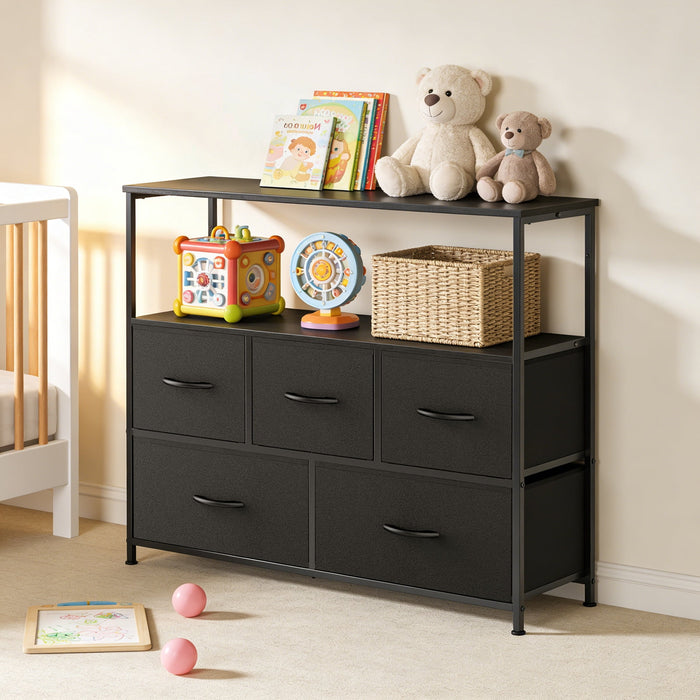 Betcozy 5-Drawer C Storage Dresser, Household Cabinet for Entry Way, Living room, Stable Metal Frame, Wooden Top, Black