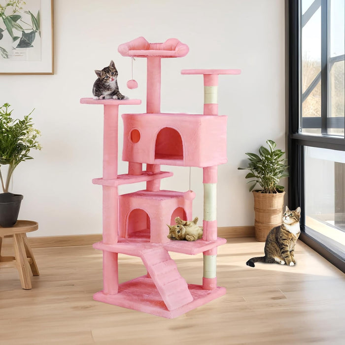 Blorly Cat Tree, 54-Inch Cat Tower with Sisal Scratching Post, Multi-Level Plush Cat Tree with Climbing Ladder, Pink