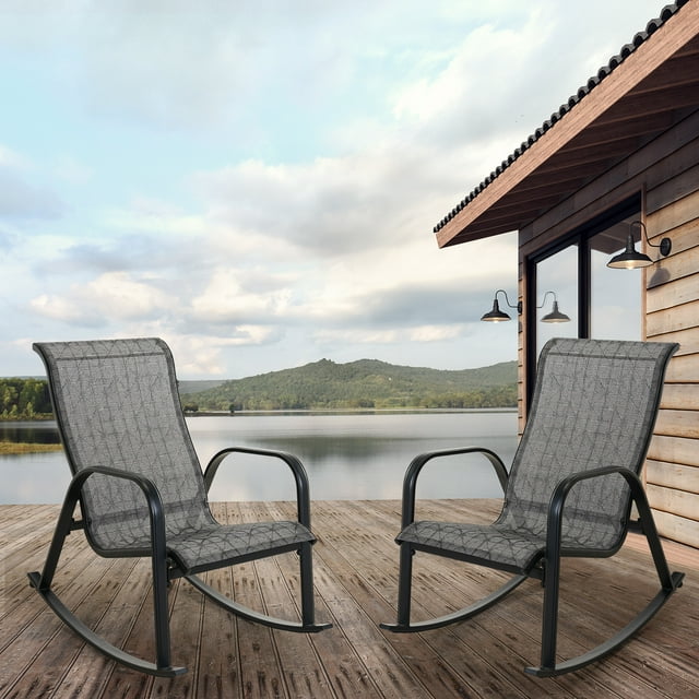 Outdoor Mesh Sling Rocking Chair, Steel Rocker Seating Outside for Front Porch, Garden, Patio, Backyard, Black