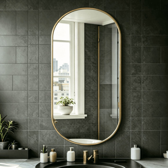 Blorly Modern Oval Wall Mirror, 24"X48" Matte Black Metal Frame Mirror for Bathroom Vanity, Entryway, Living Room, HD Reflection Rust-Resistant Decorative Hanging Mirror, Gold