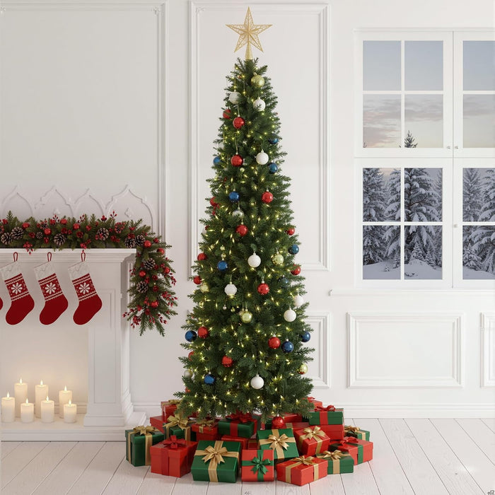 Blorly 7.5ft Christmas Tree, Pre-lit Artificial Spruce Christmas Pencil Trees with Led Light, Hinged Spruce Xmas Tree for Home, Office, Party