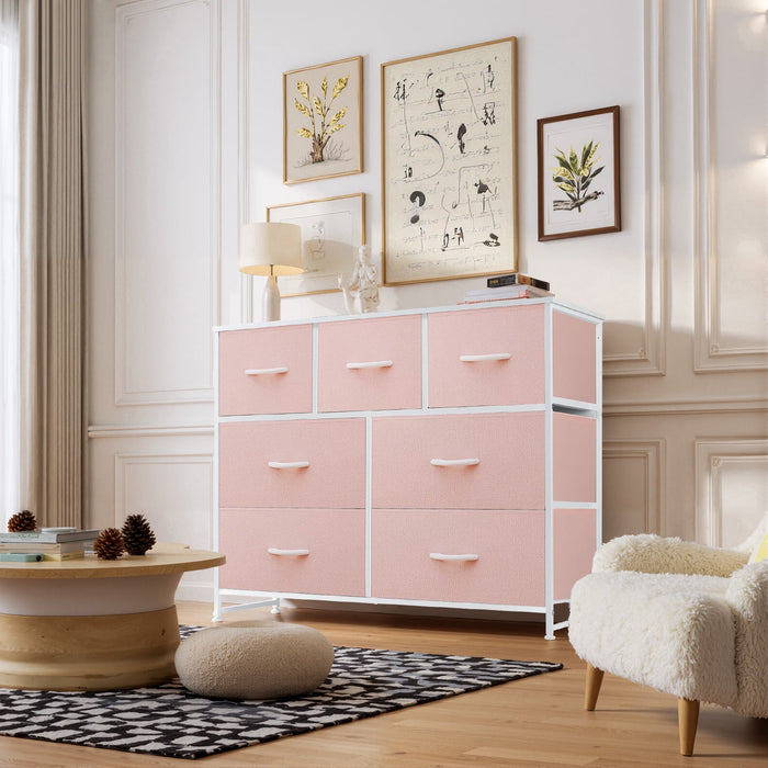 Betcozy 7-Drawer Fabric Dresser, Horizontal TV Stand & Main Bedroom Clothes Storage Unit, Metal Frame with Wooden Top, Pink