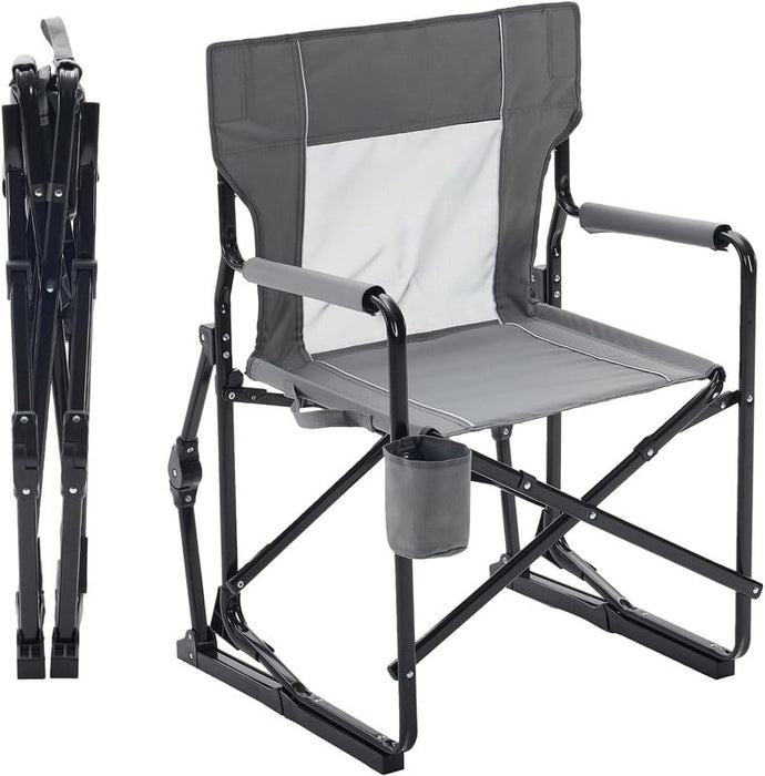 Simenmax Folding Rocking Camping Chair, Metal Frame Outdoor Chair with Waterproof Armrests & Cup Holder for Patio, Beach, Yard, Gray