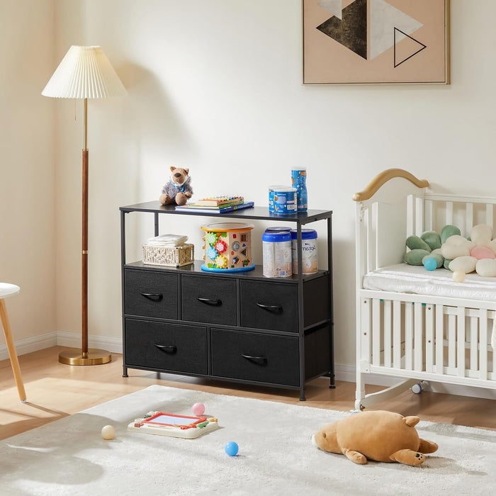 Betcozy 5-Drawer C Storage Dresser, Household Cabinet for Entry Way, Living room, Stable Metal Frame, Wooden Top, Black