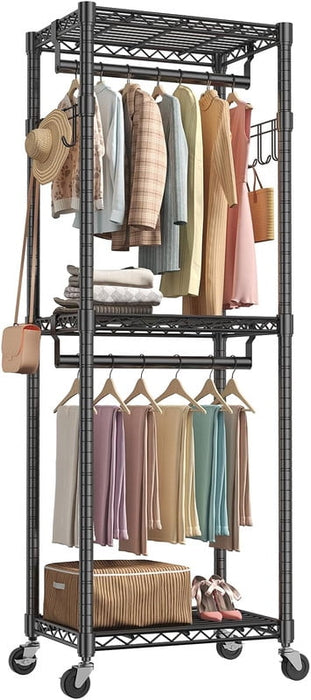 Simenmax 23'' Clothes Rack with Wheels, 360° Lockable Rolling Garment Rack, Double Rods & Side Hooks Freestanding Closet Organizer,Black