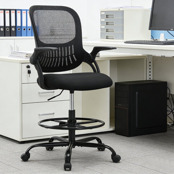 Betcozy Tall Office Desk Chair, Ergonomic Mid-Back Mesh Chair with Adjustable Foot Ring, Wheels, Comfy Lumbar Support with Flip-up Arms for Home office, Gaming, Study, Black