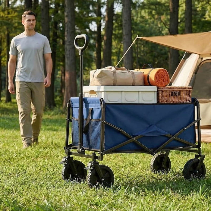 Bigleap Wagon, 330 lbs Heavy Duty Folding Cart with Lockable All-Terrain Wheels & Adjustable Handle for Beach, Camping, Garden, Blue