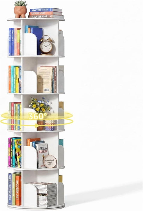 Bigleap 360° Rotating Bookshelf Tower – 5-Tier White Spinning Bookcase for Small Spaces, Corner Storage Rack for Bedroom, Office