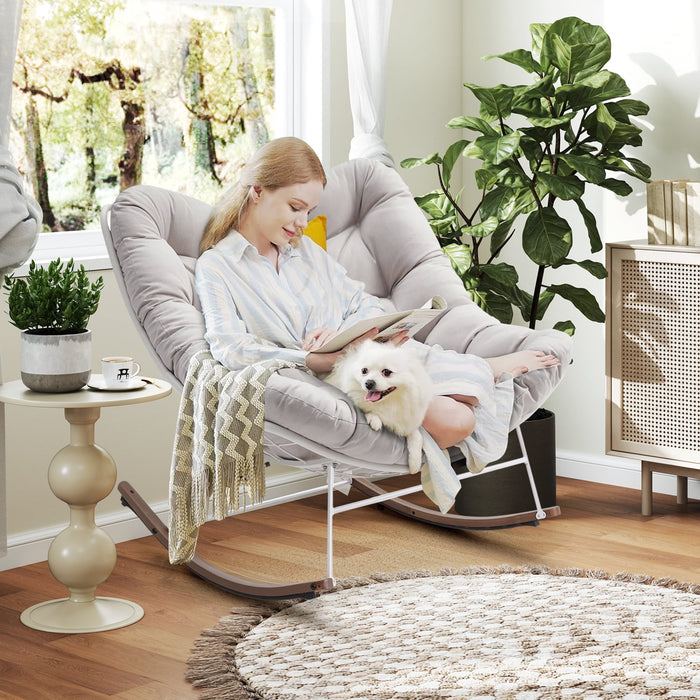 Blorly Oversized Rocking Chair, E-Coated Papasan Rocking Chair with Cushion, Outdoor Rocker Recliner Chair, Movie Chair, Livingroom Chair, Beige