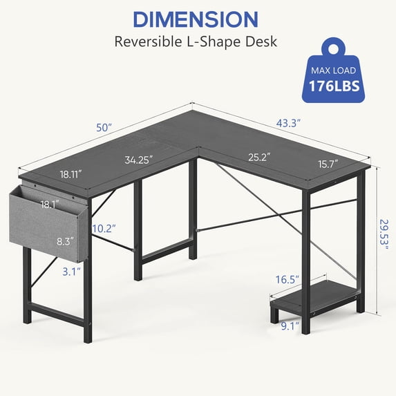 Aidoly 50" Corner Workstation with CPU Stand & Storage - Reversible L-Shaped Computer Desk for Home Office & Gaming