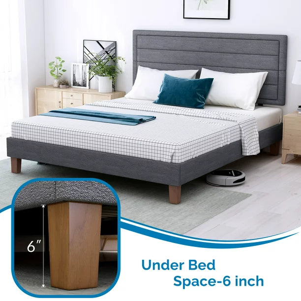 Twin Size Upholstered Platform Wood Bed Frame, Wooden Platform Bed No Box Spring Needed, Noise-Free Bed Foundation, Dark Grey