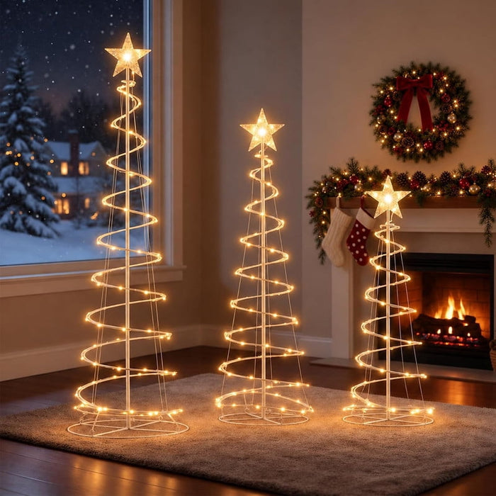Simenmax 3-Piece Lighted Spiral Christmas Tree Set – Outdoor & Indoor Holiday Decor with Warm White LED Lights, Star Toppers, Ground Stakes & Foldable Storage