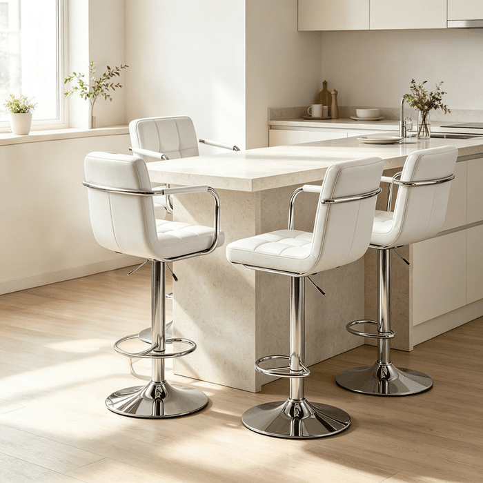 Betcozy 4 PCS Adjustable Swivel Bar Stools with Armrests, Quilted PU Leather with Chrome Base & Footrest, 350 Lbs Weight Capacity for Kitchen Island Home Bar, White