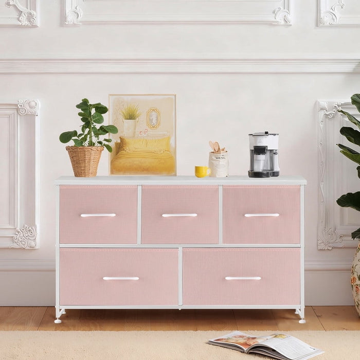 Simenmax 5 Dresser, Storage Drawers with Removable Fabric Bins, Fabric Closet Chests Organizer for Bedroom, Closet, Living Room, Pink
