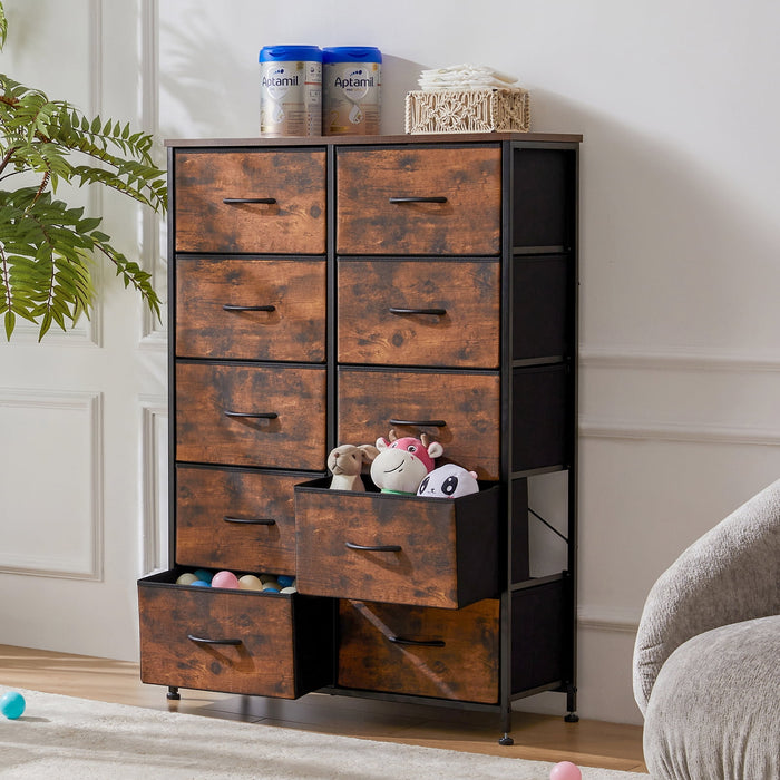 Ethovia 10-Drawer Fabric Storage Dresser, Sturdy Steel Frame with Wooden Tabletop, Wide Foldable Bins, Perfect for Bedroom, Hallway, and Entryway, Rust