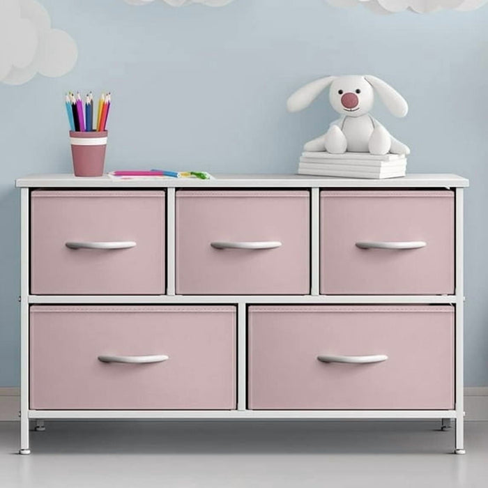 Betcozy 5-Drawer Storage Dresser, Classic Bedroom Dresser for Clothes & Nursery Organization, Stable Metal Frame, Wooden Top, Pink
