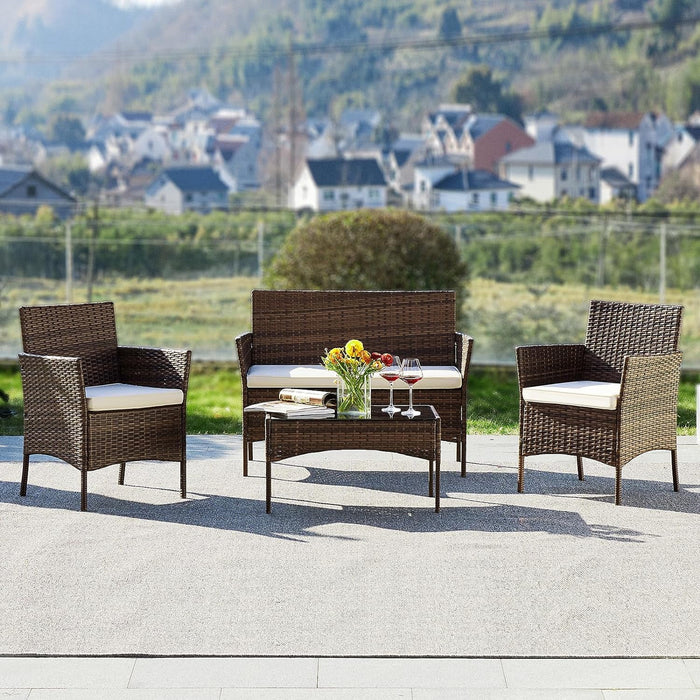 Blorly Patio Furniture Set, 4 Pieces All-Weather Rattan Outdoor Furniture Patio Chairs with Tempered Glass Table for Porch Bistro Balcony,Beige
