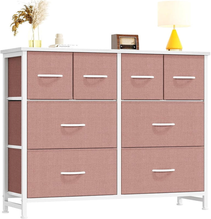 Simenmax TV Stand with 8 Drawers, Pink Dresser with Wood Top Fabric Chest of Drawers for Bedroom, Closet, Living Room, Entryway
