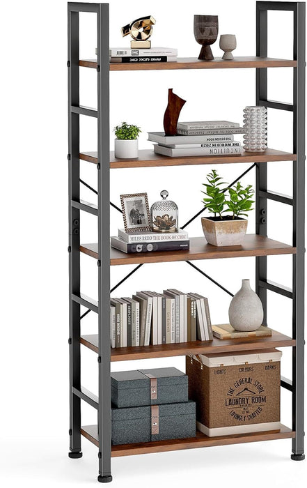 Bigleap 5-Tier Bookshelf, 62.2" Industrial Tall Storage Shelf, Modern Bookcase for Living Room, Home Office, Bedroom, Brown