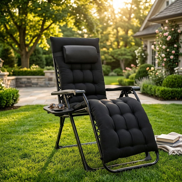 Nextay Zero Gravity Chair, Portable Folding Patio Lounge Chair with Removable Headrest, Cushion & Cup Holder for Garden, Backyard & Beach, Black