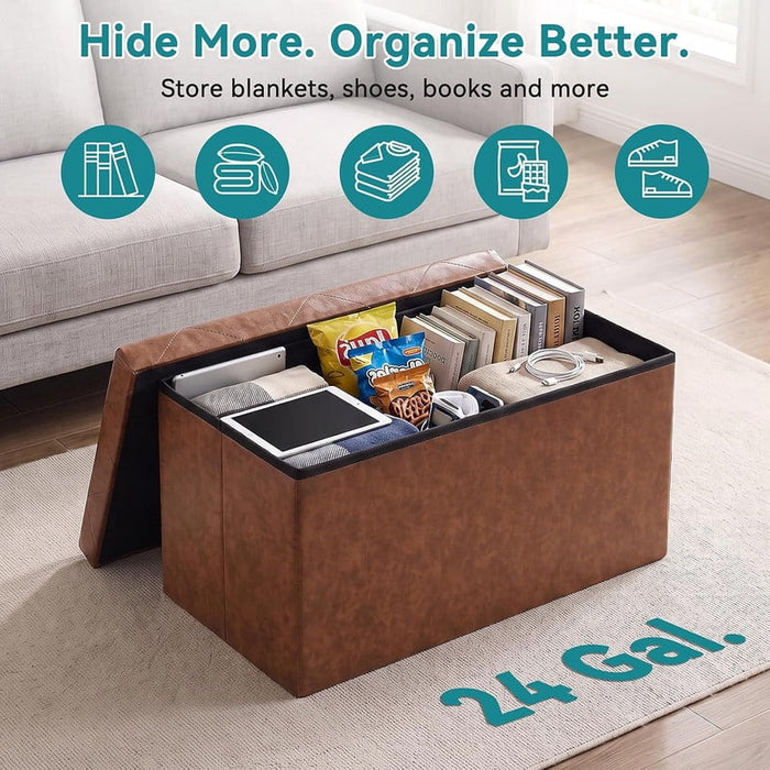 Nextay 30" Folding Storage Ottoman Bench, PVC Fabric Footrest Stool with Hidden Storage, Brown