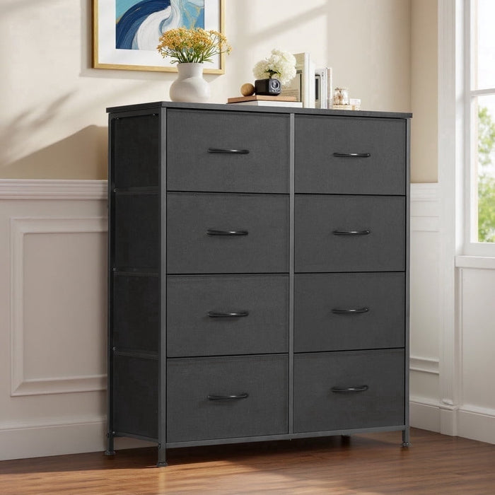 Ethovia 8-Drawer Fabric Storage Dresser, Sturdy Steel Frame with Wooden Tabletop, Wide Foldable Bins, Perfect for Bedroom, Hallway, and Entryway, Black