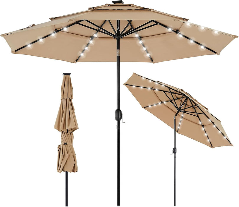 Betcozy 3-Tier Patio Umbrella, 9.2FT Vented Market Table Umbrella with Solar 32 LED Lights, Tilt Adjustment, for Garden, Deck, Backyard, Pool and Beach, Khaki